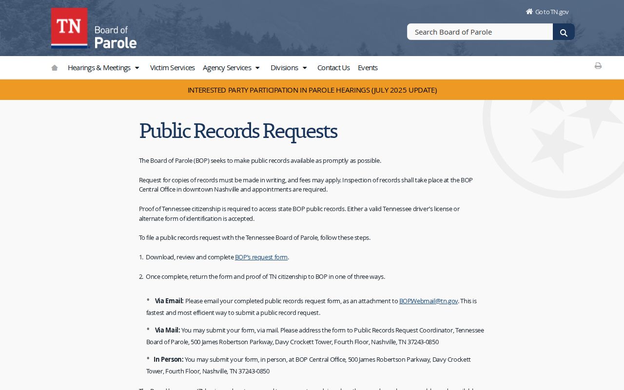 Tennessee Board record request for Obion County parole decisions
