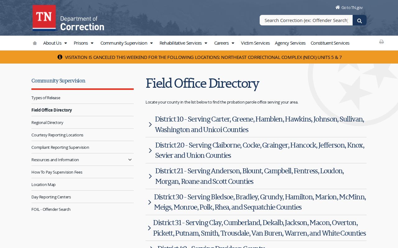 TDOC Obion County parole and probation field office directory