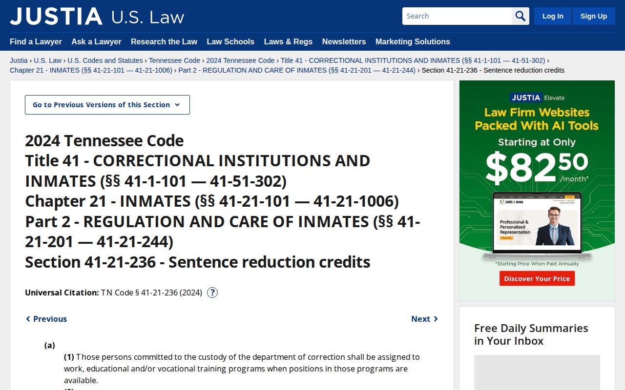 Tennessee sentence credit law for an Obion County inmate release date