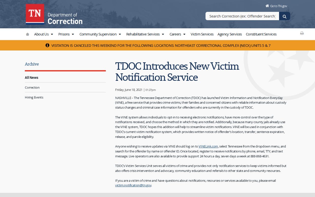 TDOC VINE release notification service for Obion County state offenders